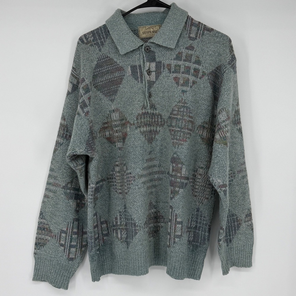 Suspense Mens Vintage Made in‎ Italy Geometric Knit Polo Sweater Blue Gray L